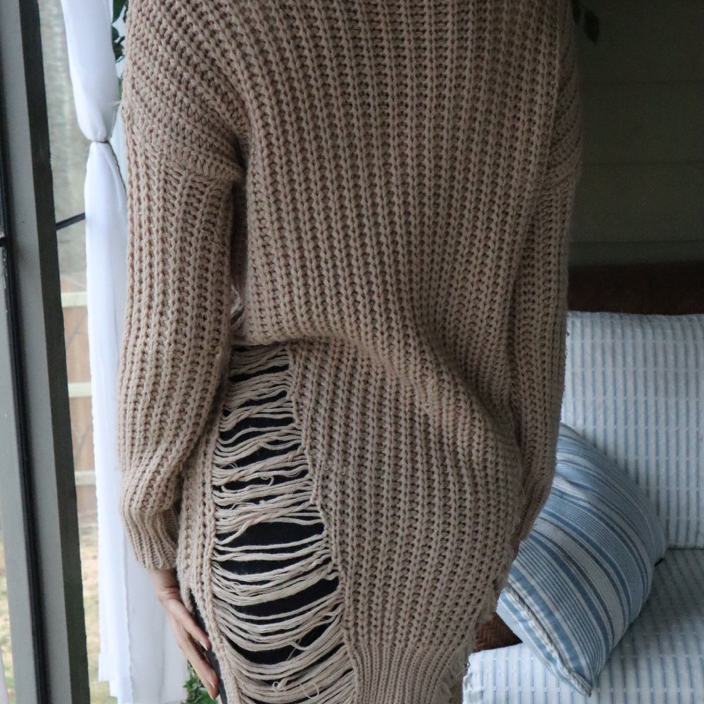 Cozy Tan Sweater with Distressed Detail